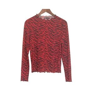 Zara Womens Red Black Tiger Stripe Mesh Long Sleeve Lettuce Edge Top Size Medium